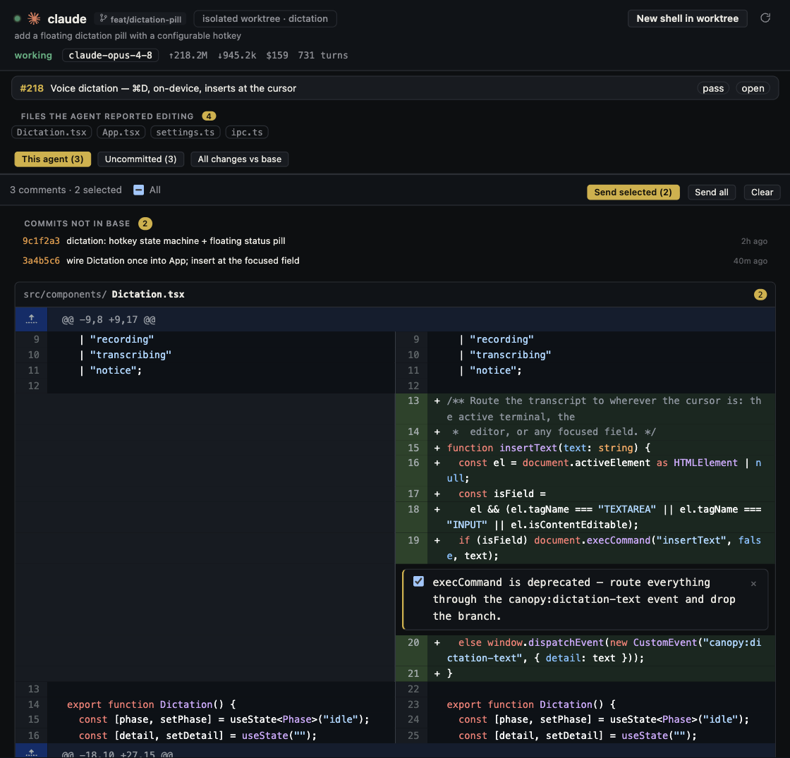 Canopy pull request review beside an agent workspace and code diff