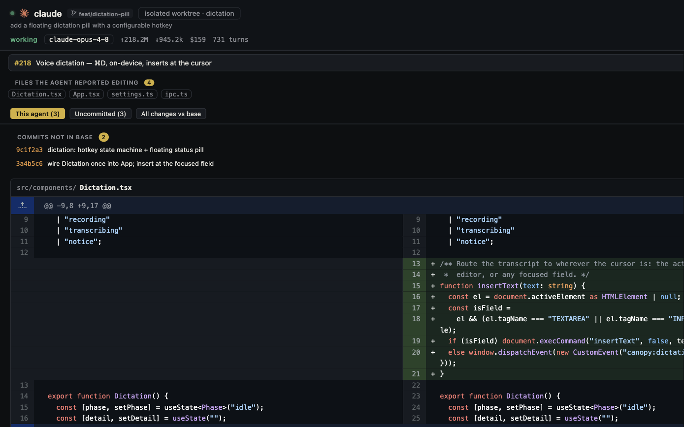 An agent workspace, edited files as chips, live token spend in the header, and an inline 'Why do we need Debug here?' comment on a diff line