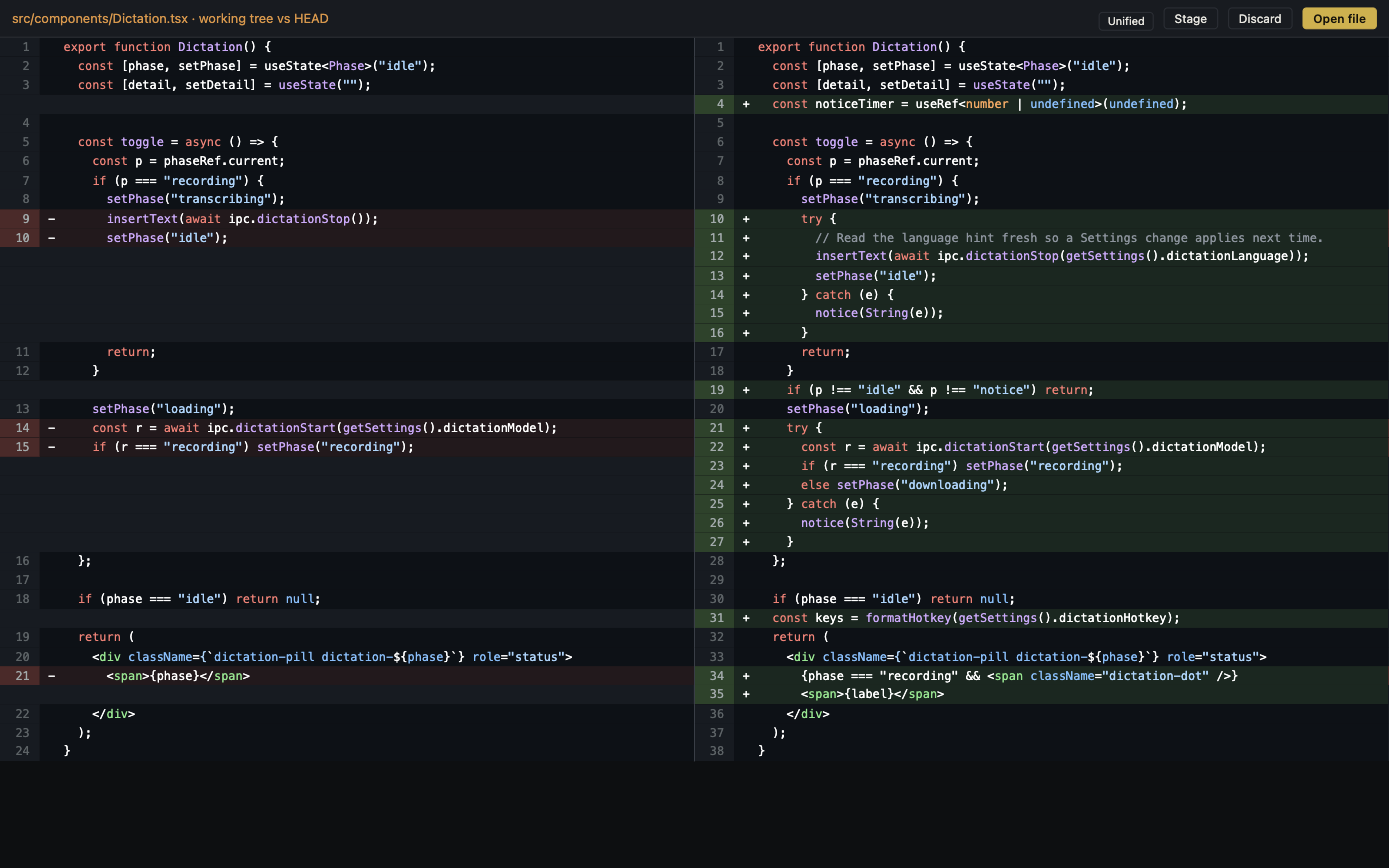 Canopy Git diff view showing changed project files