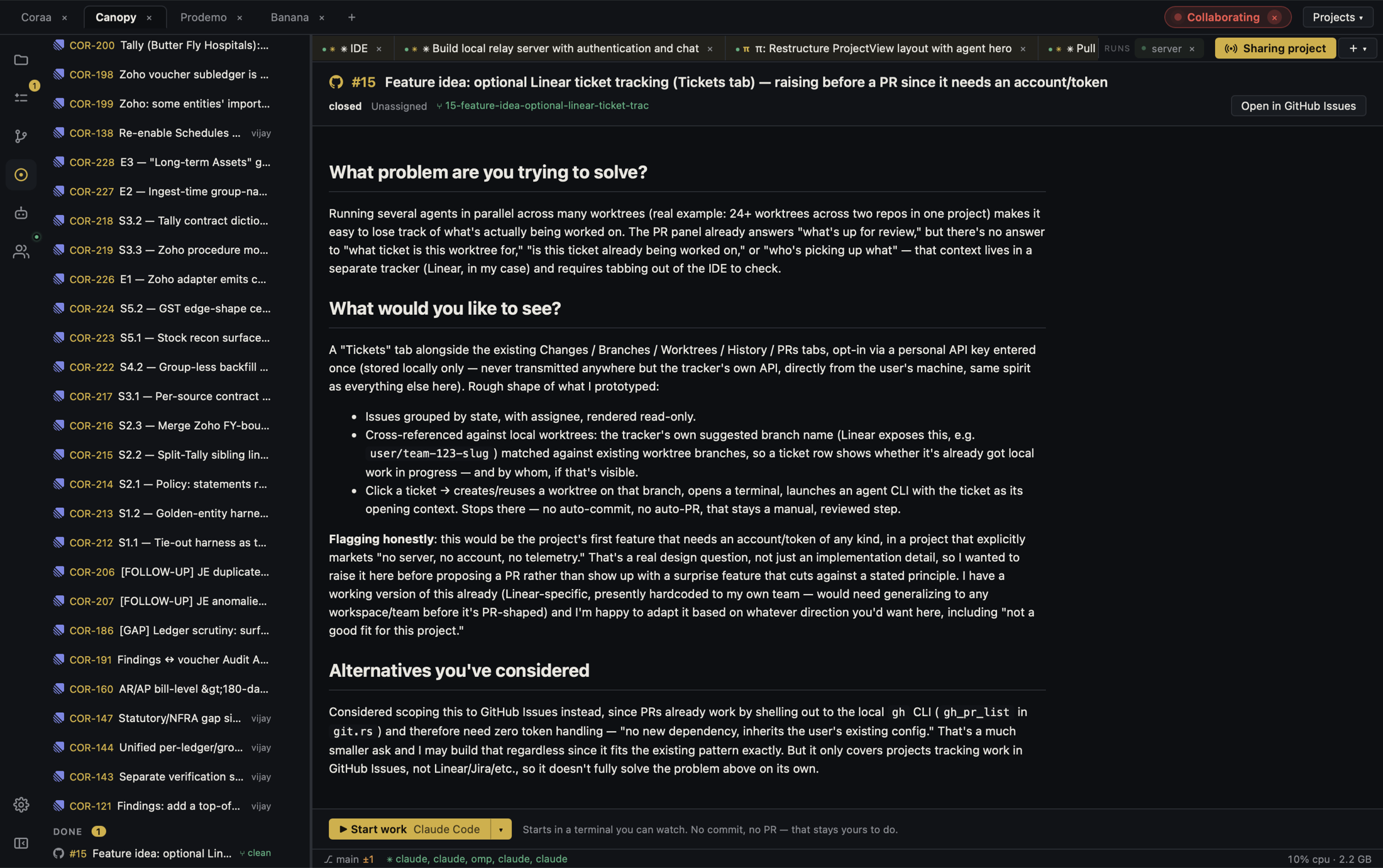 Canopy issue workspace beside project context for agent handoff