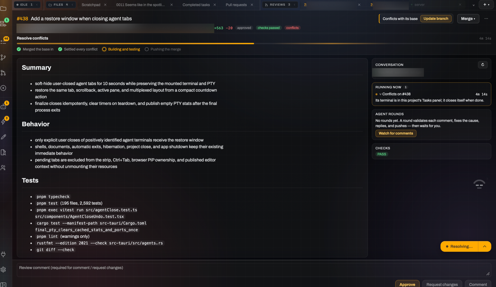 A PR in review: the conversation, review map and agent rounds in one pane
