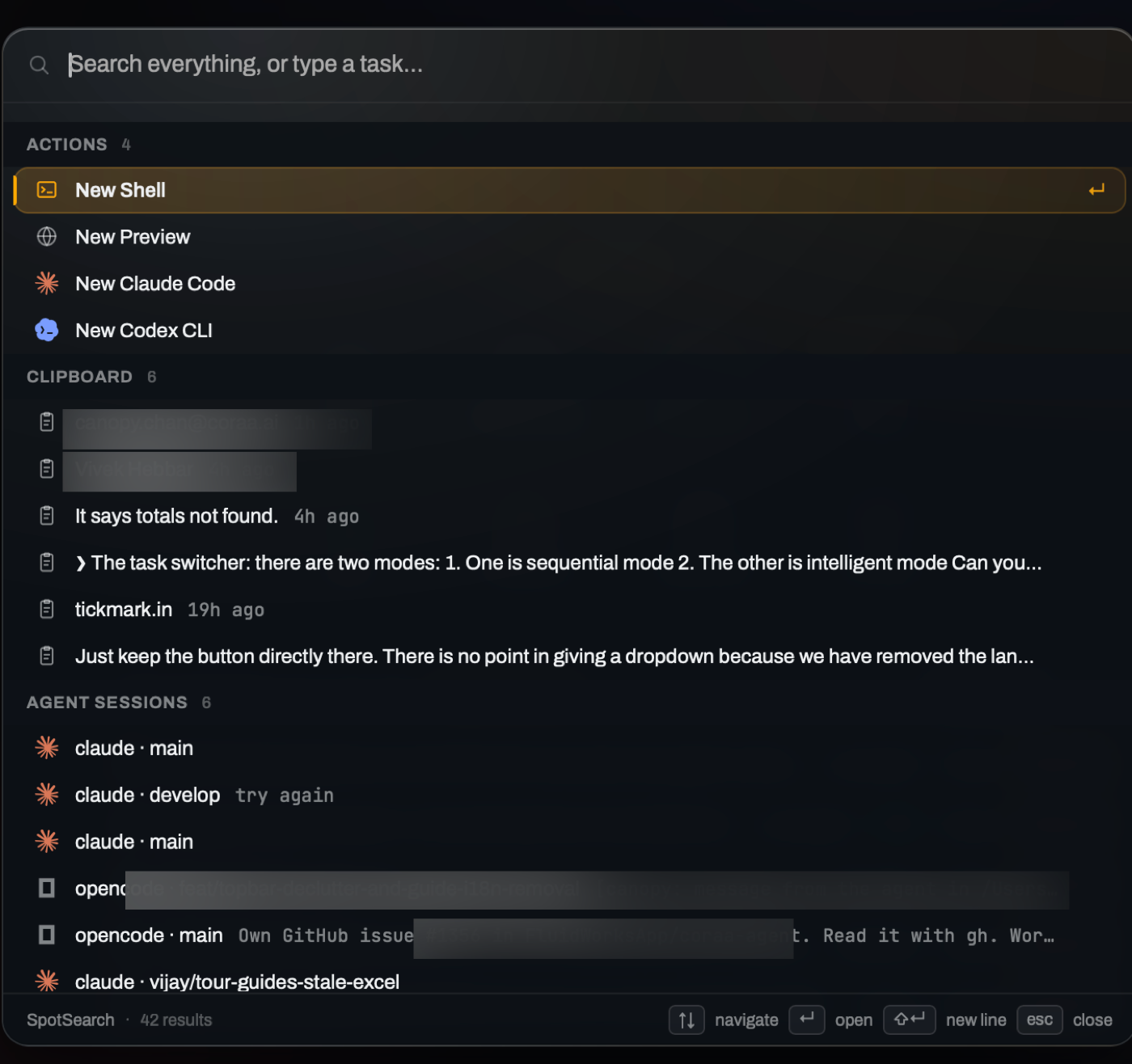 Spot search: actions, in-file matches, agent conversations and research results in one palette