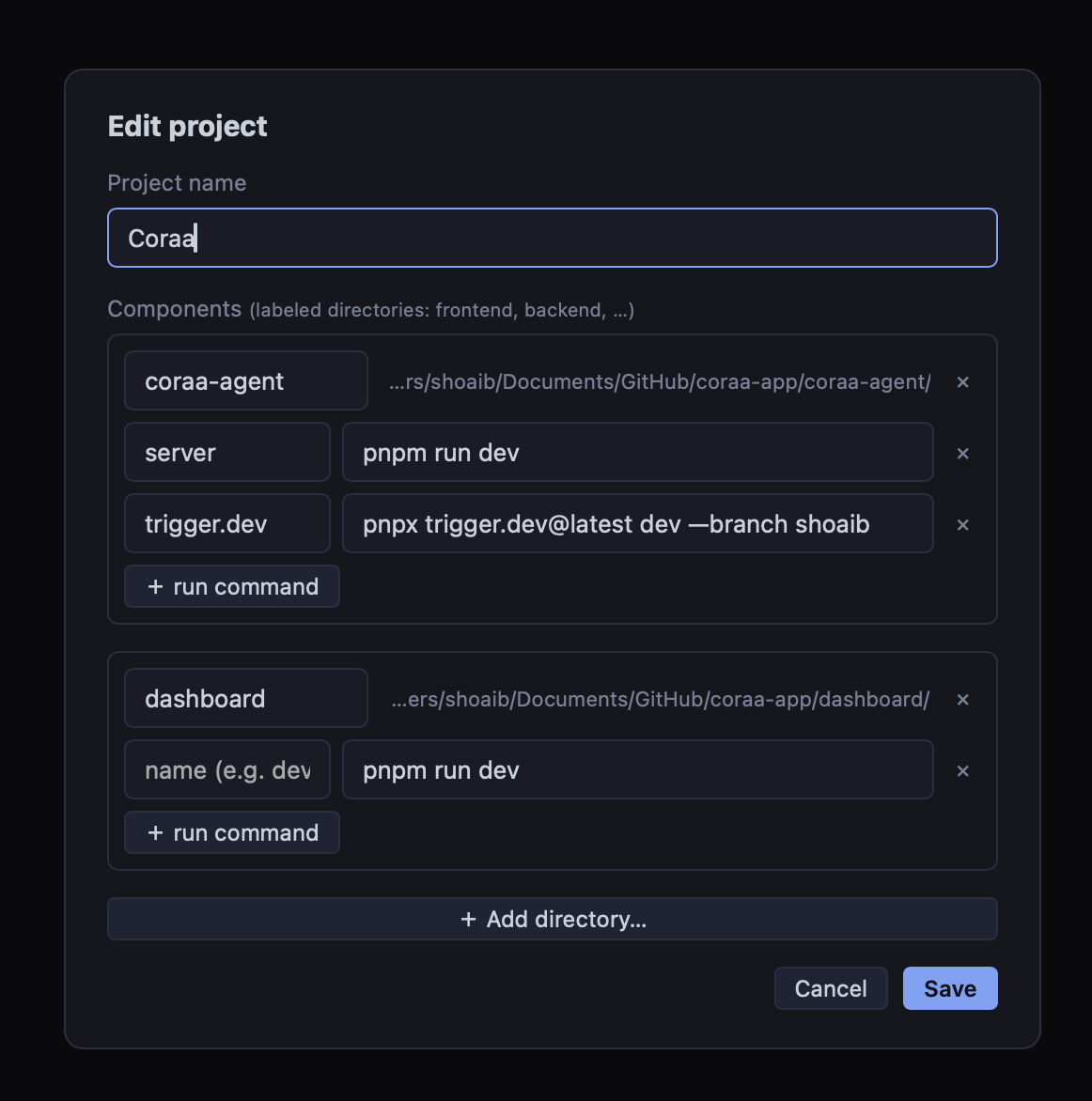 Edit project — labeled component directories, each with its own run commands