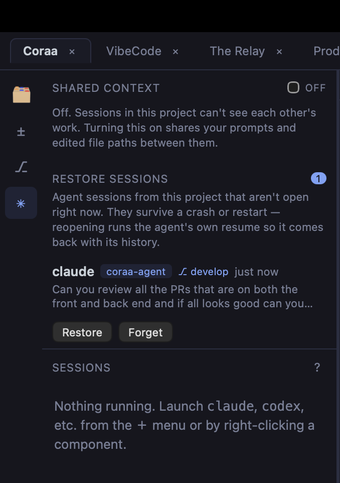 Restore sessions — agent sessions that survive a crash, with one-click Restore