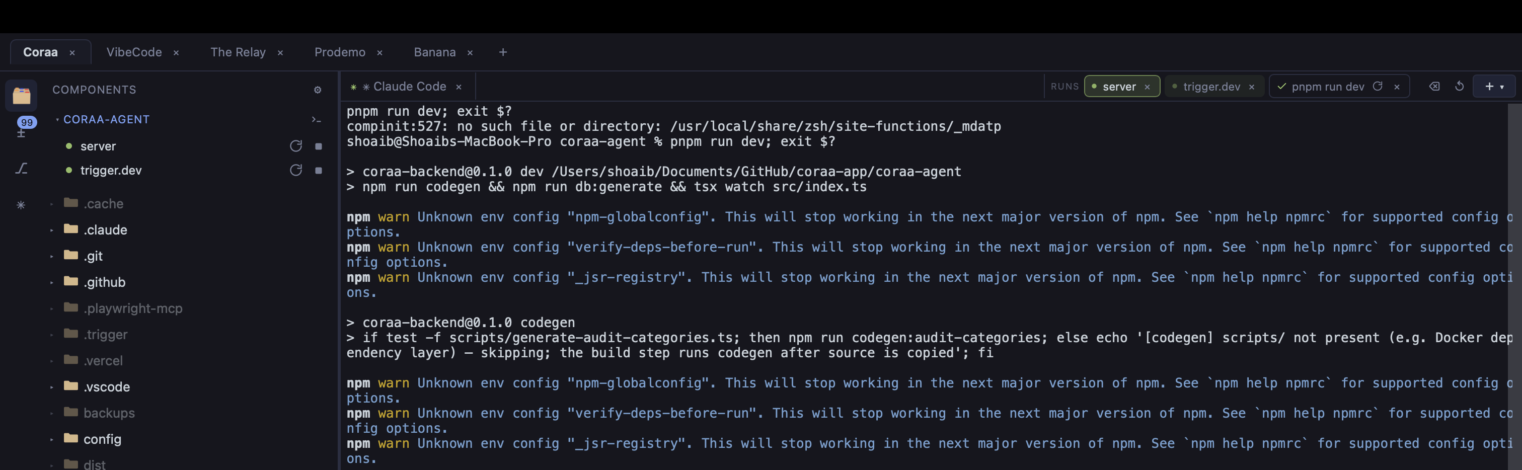 The RUNS rail — server and trigger.dev running natively next to a Claude Code tab
